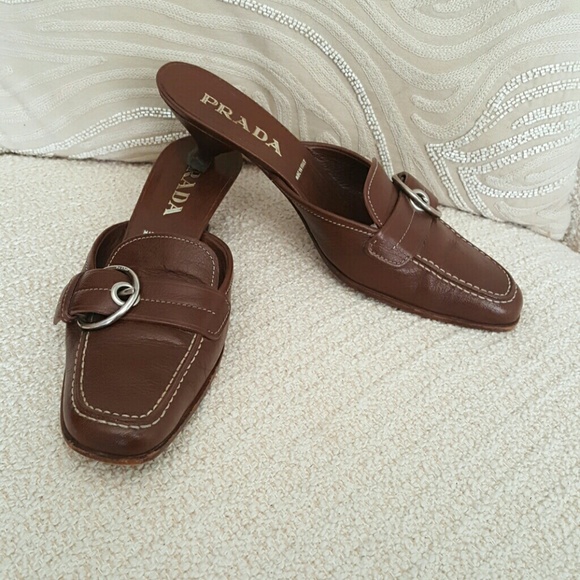 Prada Shoes - Prada brown leather buckle kitten heel mules
